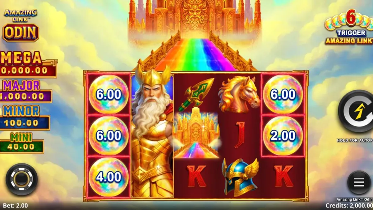 Pemandangan visual slot Amazing Link Odin dengan latar belakang Asgard dan simbol-simbol mitologi Norse.